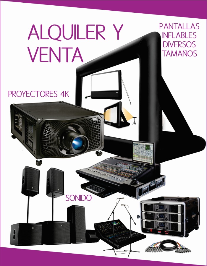 EQUIPOS
<small>Alquiler y venta</small> Alquiler y venta de equipos de sonido, proyección y pantallas inflables.
