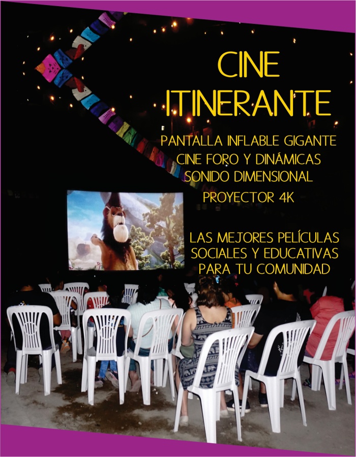 CINE ITINERANTE
<small>Películas sociales y educativas</small> Servicio de exhibición de cine itinerante en pantallas inflables gigantes.