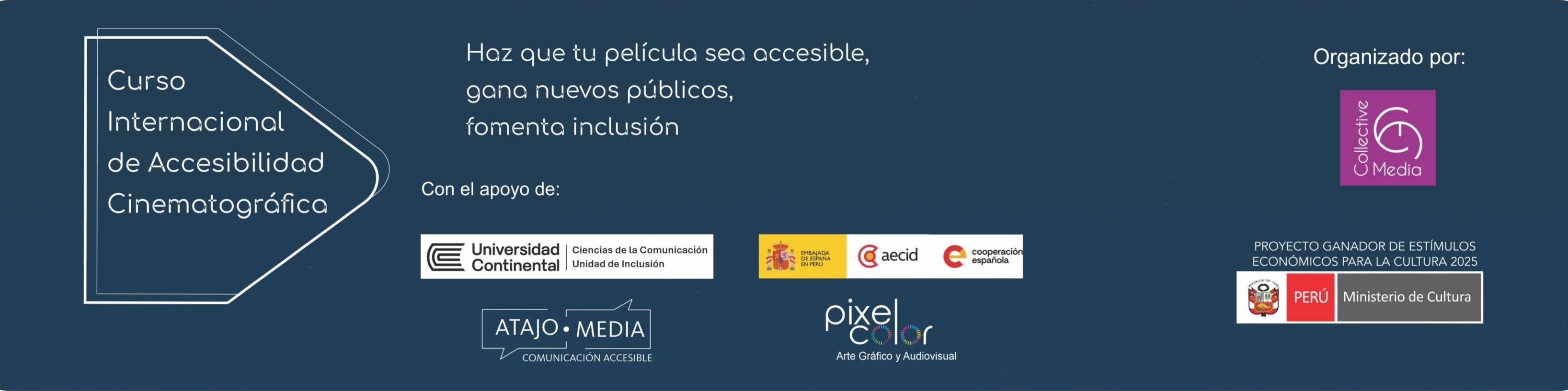 Diseño del curso virtual de accesibilidad cinematográfica, logotipos de los organizadores y aliados.